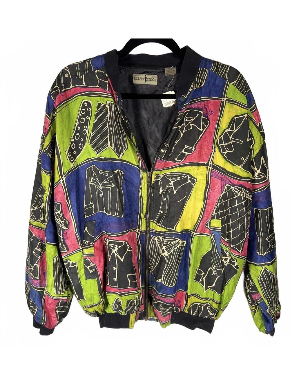 NWT Vintage Robert Stock 100% Silk Bomber Deadstock 90s Abstract, Med